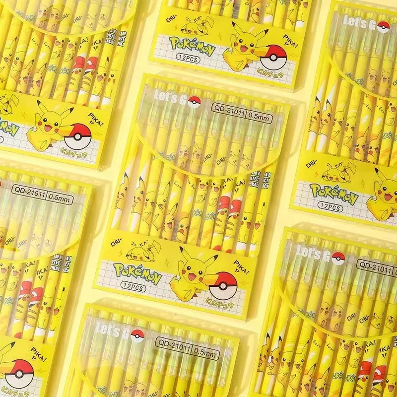 12PCS Pikachu Erasable Pen Neutral Gel Pens Cartoon Black Water Ink 0.5mm Cute Signature Pen Stationery Student Gift