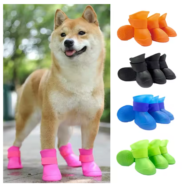 4 Pcs Waterproof Dog Boots Anti-Slip Rubber Rain Shoes Pet Puppy Cats Soft Socks