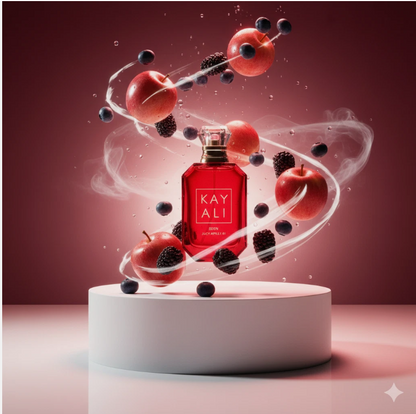 KAYALI Eden Juicy Apple Eau de Parfum red bottle on a white pedestal with red apples and blackberries