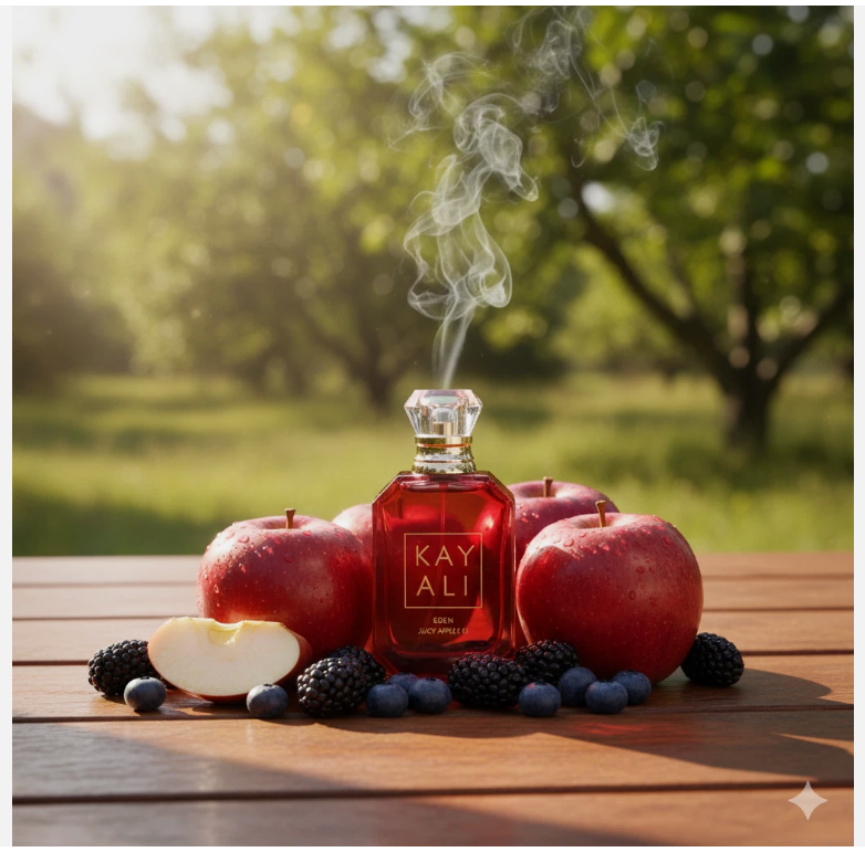 KAYALI Eden Juicy Apple Eau de Parfum red bottle on a wooden table with apples and berries in an orchard