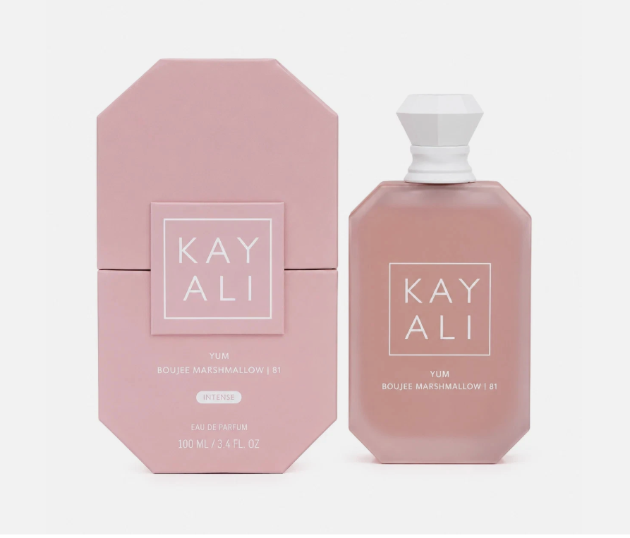 KAYALI Yum Boujee Marshmallow 81 Eau de Parfum 100ml bottle beside its pink box