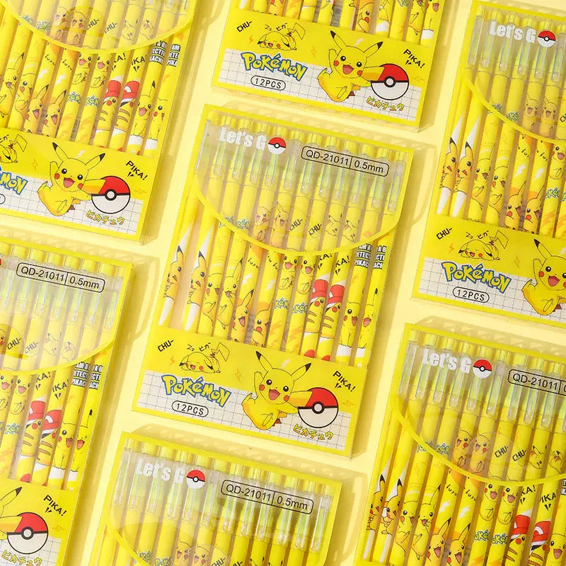 12PCS Pikachu Erasable Pen Neutral Gel Pens Cartoon Black Water Ink 0.5mm Cute Signature Pen Stationery Student Gift
