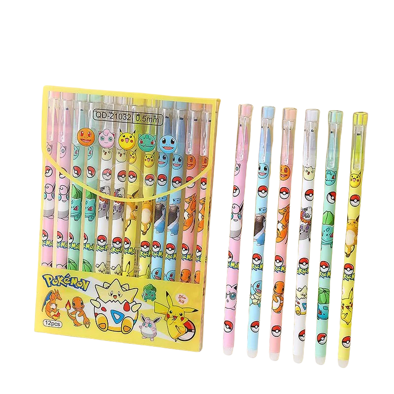 12PCS Pikachu Erasable Pen Neutral Gel Pens Cartoon Black Water Ink 0.5mm Cute Signature Pen Stationery Student Gift