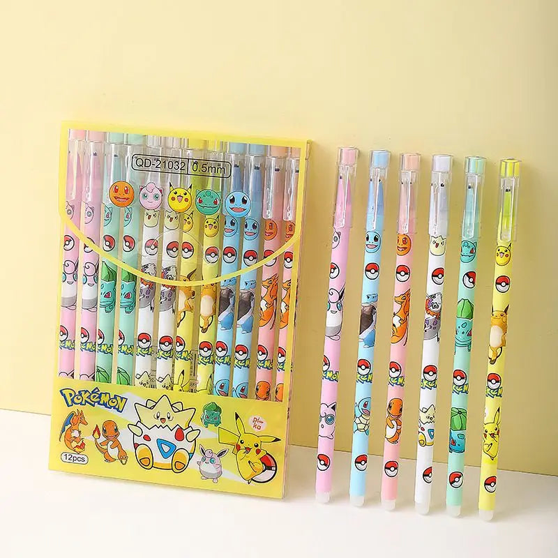 12PCS Pikachu Erasable Pen Neutral Gel Pens Cartoon Black Water Ink 0.5mm Cute Signature Pen Stationery Student Gift