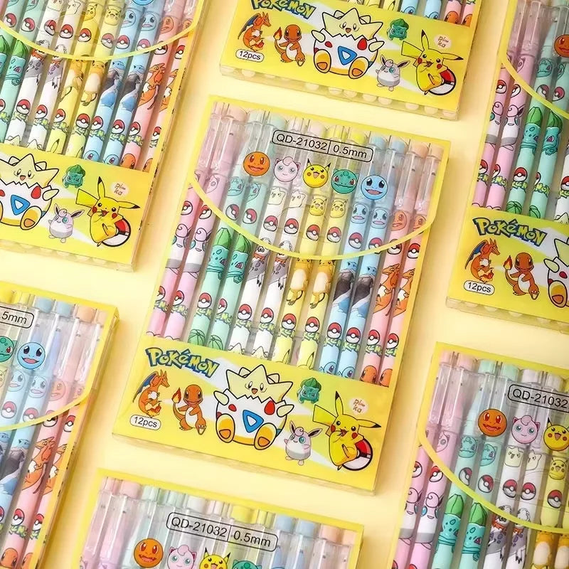 12PCS Pikachu Erasable Pen Neutral Gel Pens Cartoon Black Water Ink 0.5mm Cute Signature Pen Stationery Student Gift