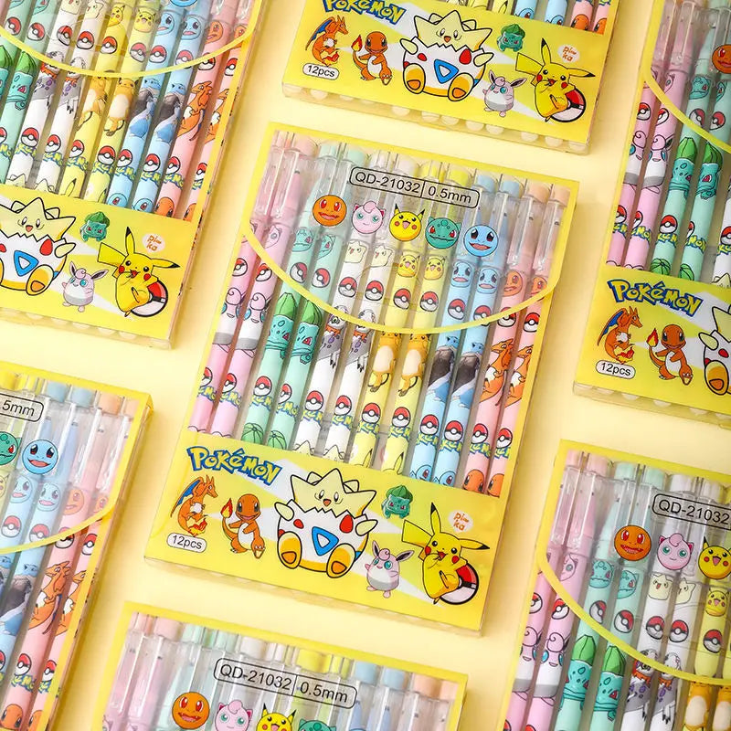 12PCS Pikachu Erasable Pen Neutral Gel Pens Cartoon Black Water Ink 0.5mm Cute Signature Pen Stationery Student Gift